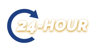 Logo featuring the text "24-hour" in yellow with a blue circular arrow wrapping around it, set against a green background.