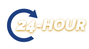 Logo featuring the text "24-hour" in yellow with a blue circular arrow wrapping around it, set against a green background.