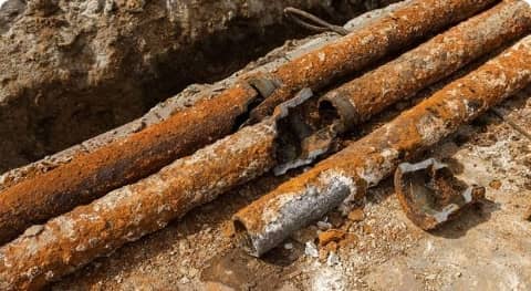 Rusty metal pipes and fittings lie on gritty soil, showing signs of corrosion and wear.