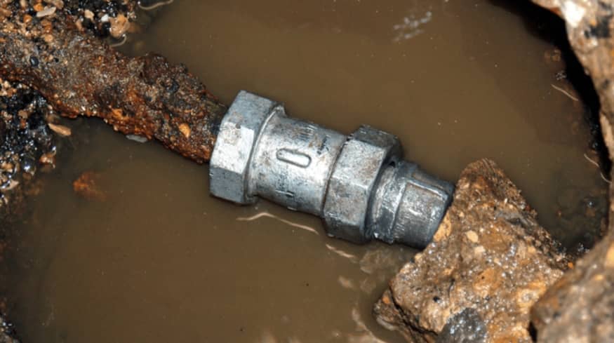 A corroded metal pipe with a coupling connector, partially submerged in muddy water, showing signs of leakage and deterioration.