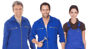 Three workers in blue uniforms smiling at the camera, with two men and one woman, isolated on a transparent background.