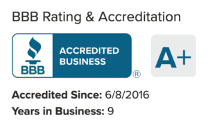 Graphic showing bbb (better business bureau) logo with "accredited business a+" rating, indicating accreditation since 6/8/2016 and 9 years in business.