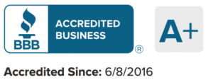 Logo indicating bbb accredited business with a+ rating, accredited since 6/8/2016.
