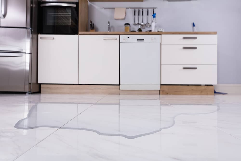 A puddle of water on a glossy tiled floor in a modern kitchen with white cabinetry and a dishwasher.